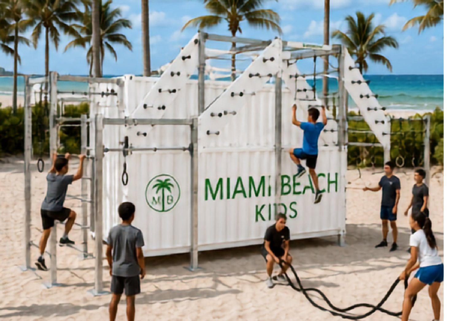 Illustrative outdoor youth fitness container, with climbing stations and strength equipment
